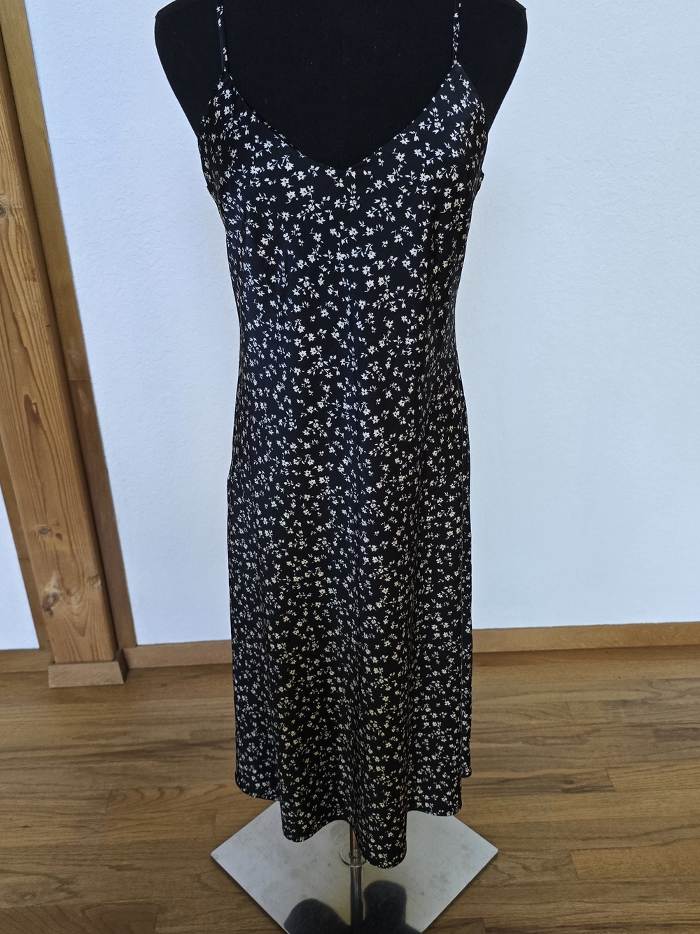 Black Floral Slip Dress with White Blossom Print